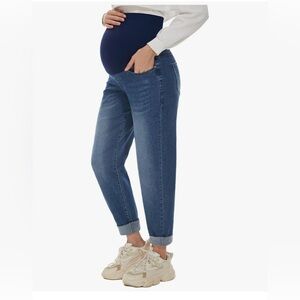 NWOT POSHGLAM Maternity Boyfriend Jeans Over Belly Comfy Stretch Pants Loose L